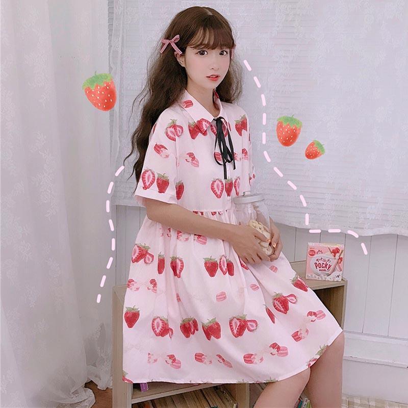 Kawaii Strawberry Printed Short Sleeved Dress-Kawaiifashion