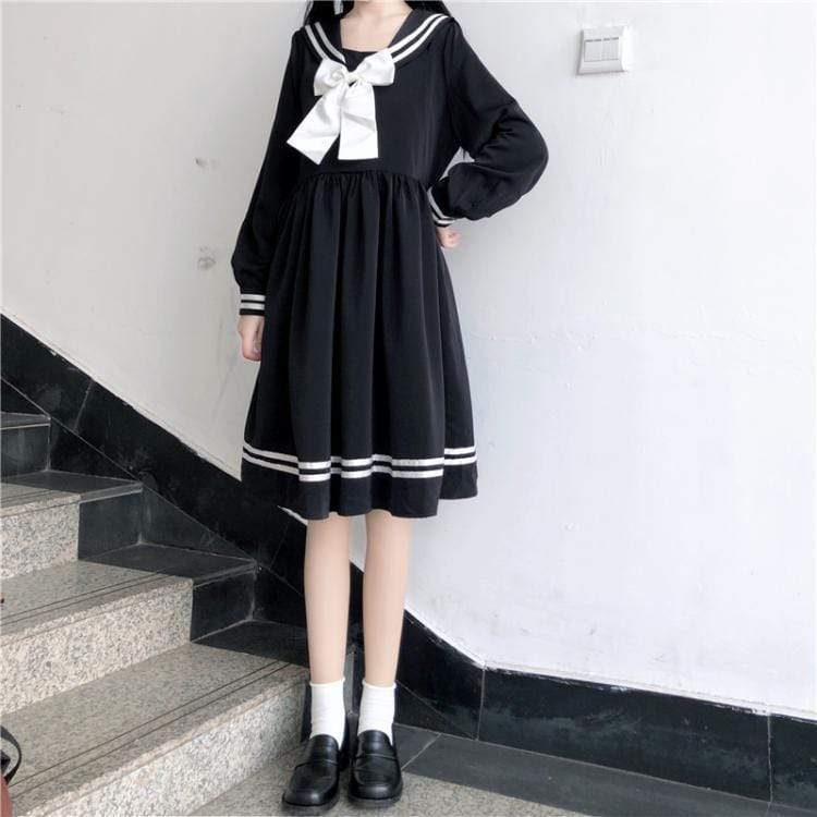 Navy Style Long Sleeved Dress With Bowknot-Kawaiifashion