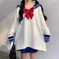 Navy Style Long Sleeved Shirt With Bowknot & Pleat Skirt-Kawaiifashion