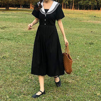 Navy Style Short Sleeved Pleat Dress-Kawaiifashion