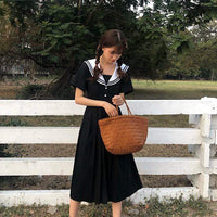 Navy Style Short Sleeved Pleat Dress-Kawaiifashion