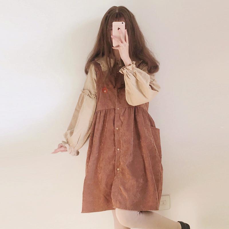 Vintage Corduroy Overall Dress With Pockets - Kawaiifashion
