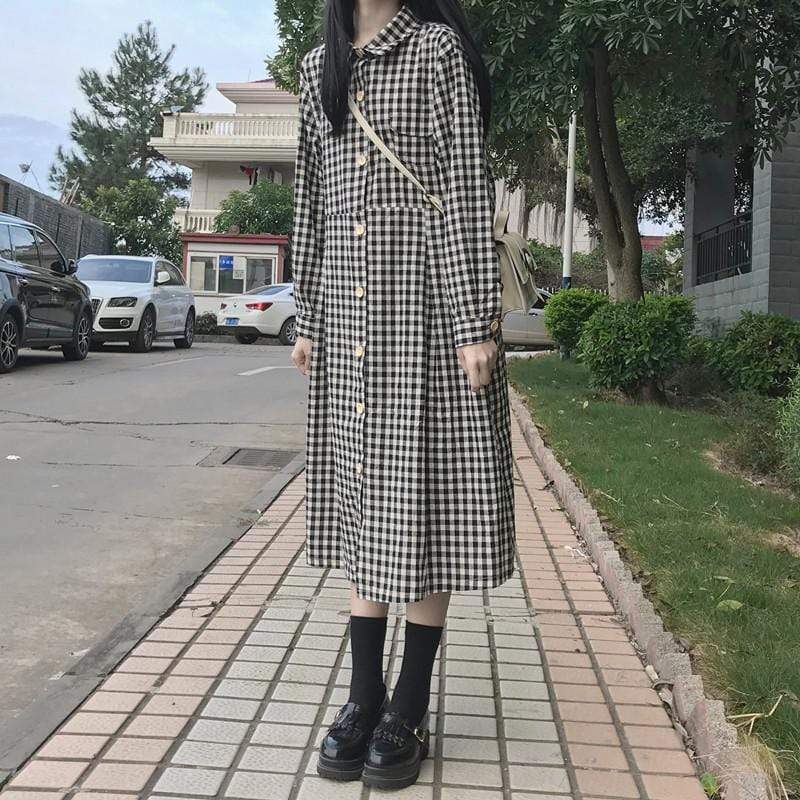 Kawaiifashion One Size Women's Casual Contrast Color Plaid Single-breasted Dresses