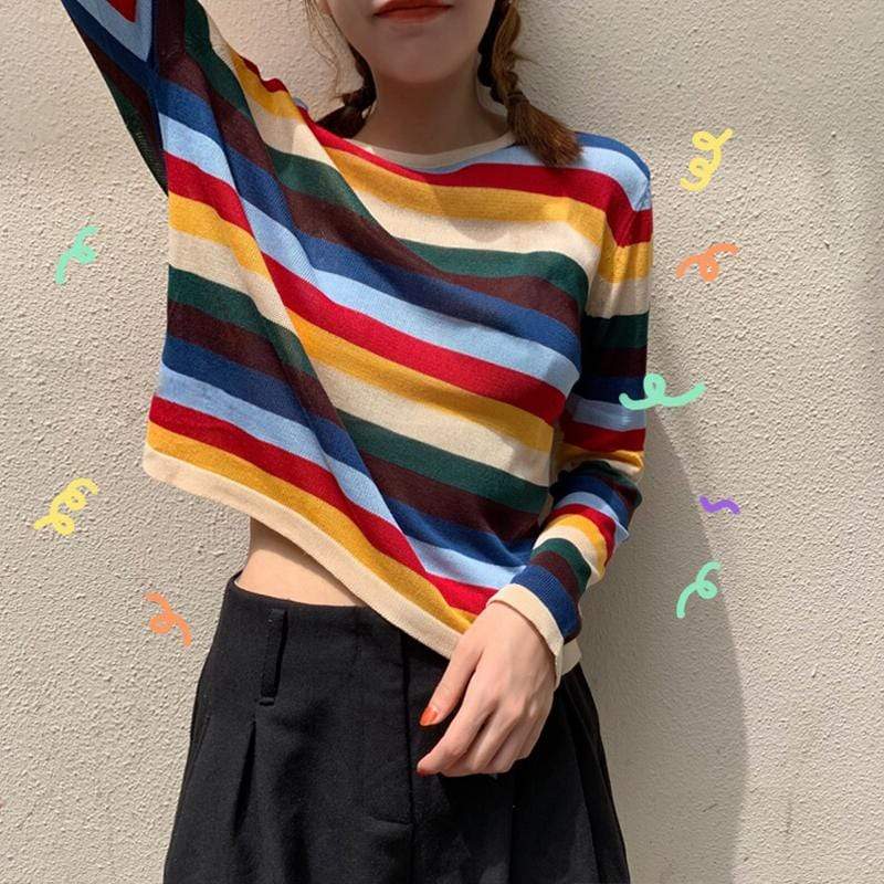 Camisetas de manga larga a rayas arcoíris informales para mujer-Kawaiifashion