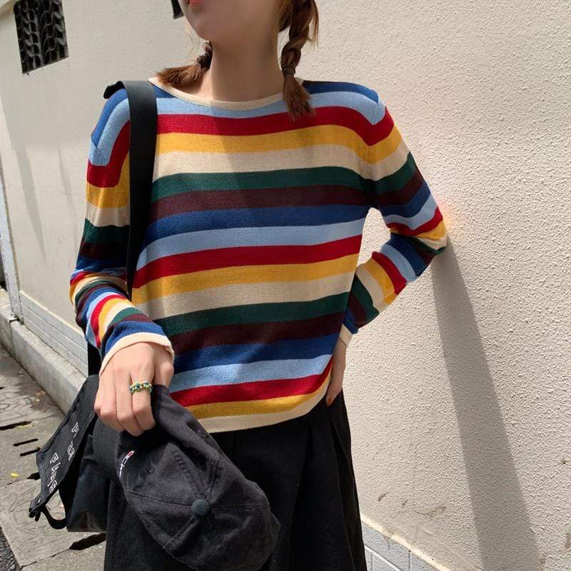 Women's Casual Rainbow Striped Long Sleeved T-shirts-Kawaiifashion