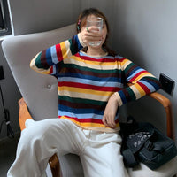 Camisetas de manga larga a rayas arcoíris informales para mujer-Kawaiifashion