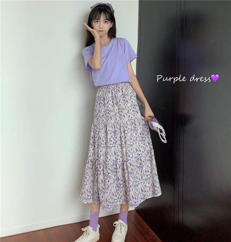 Women's Casual Round Collar T-shirts And Vintage Floral High-waisted Maxi Skirts-Kawaiifashion