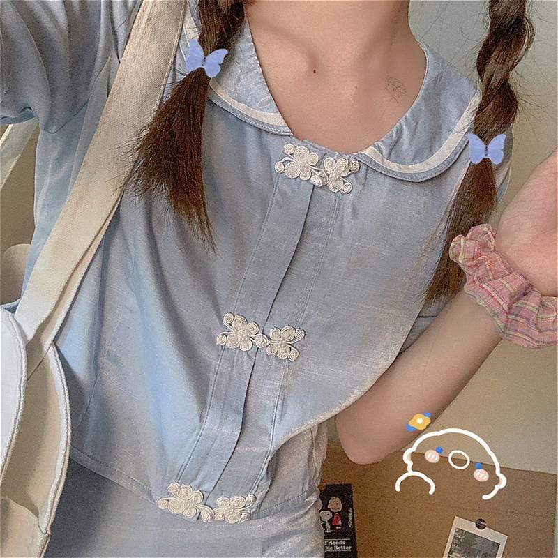 Women's Chinese Peter Pan Collar Blue Tops And Splited High-waisted Mini Skirts-Kawaiifashion