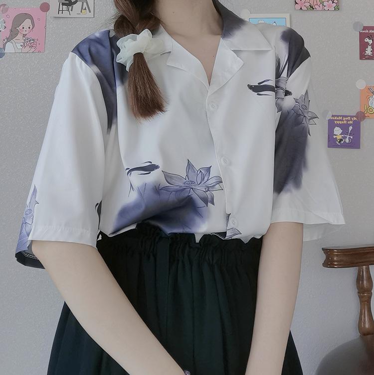 Women's Chinoiserie Ink Printed Chiffon Shirts-Kawaiifashion