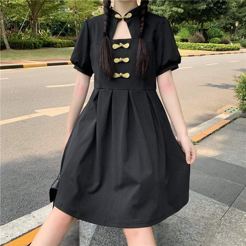 Women's Chinoiserie Stand Collar Cutout Dresses-Kawaiifashion