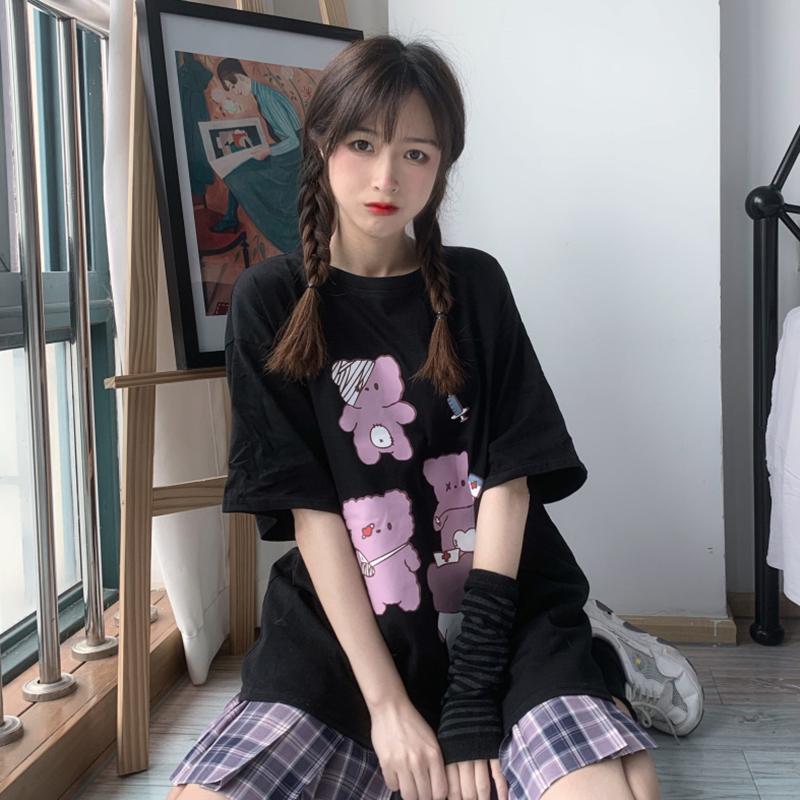 Maxi magliette stampate con orso carino da donna-Kawaiifashion