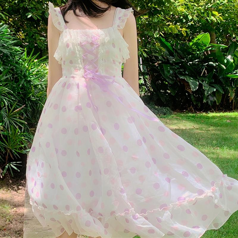 Women's Cute Polka Dot Lace Falbala Slip Dresses-Kawaiifashion