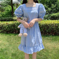 Women's Cute Ruffles Plaid Puff Sleeves Blue Dresses-Kawaiifashion