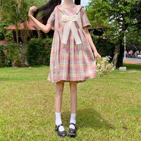 Women's Cute Sailor Collar Rainbow Plaid Dresses-Kawaiifashion
