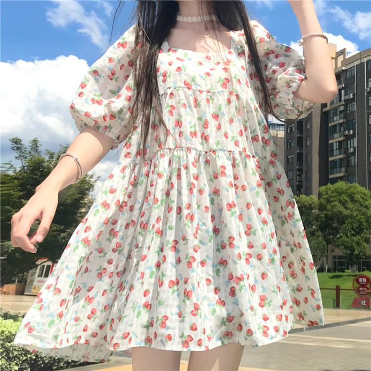 Women's Cute Strawberry Printed Square Collar Dresses-Kawaiifashion