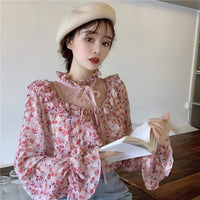 Camisas de gasa floral con mangas de trompeta linda para mujer-Kawaiifashion