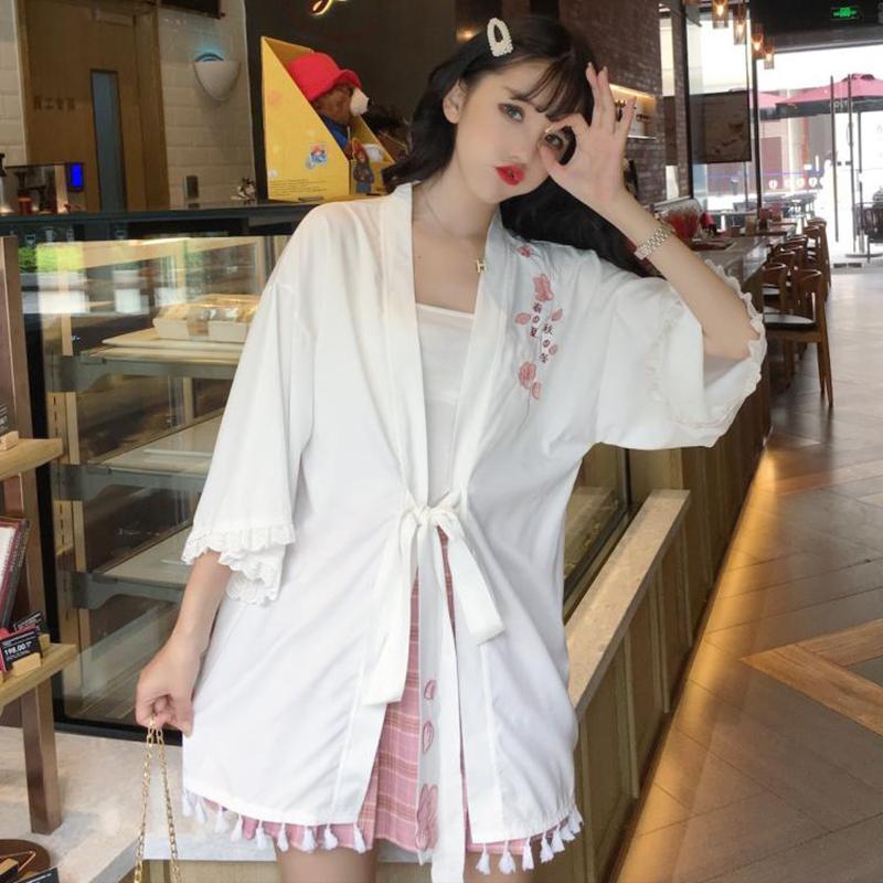 Kimono-Kawaiifashion de encaje floral bordado para mujer