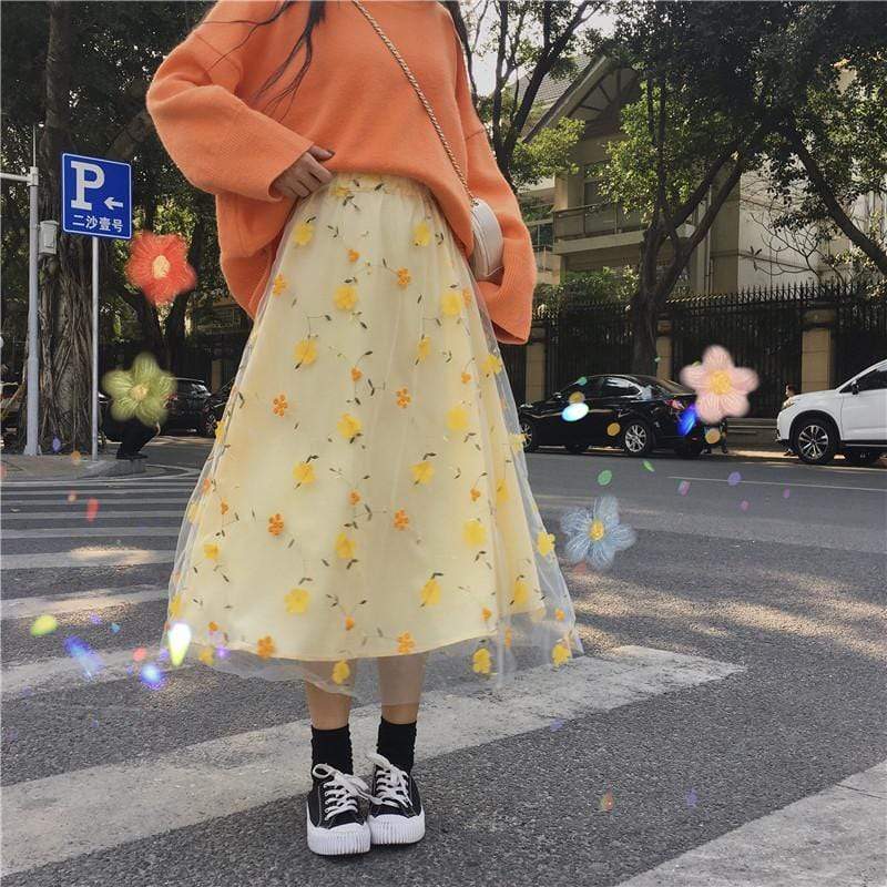 レディースフラワー刺繍レースメッシュスカート-かわいいファッション