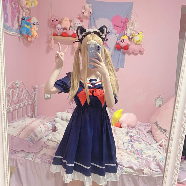 Women's Harajuku Bowknot Sailor Collar Falbala Dresses-Kawaiifashion
