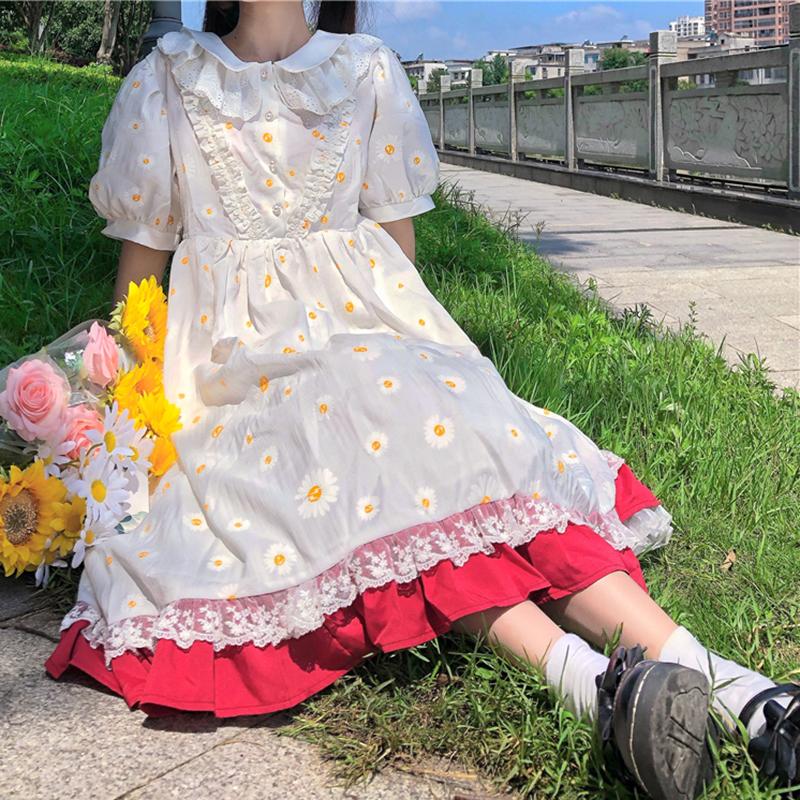 Women's Harajuku Daisy Printed Lace Falbala Dresses-Kawaiifashion