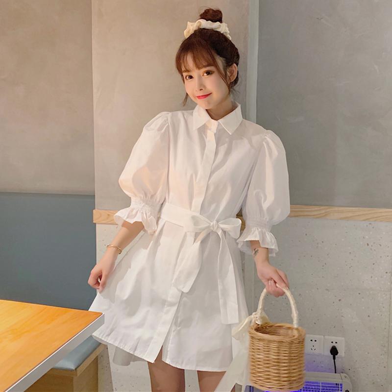 Women's Harajuku Lace-up Flare Sleeved Shirt Dresses-Kawaiifashion