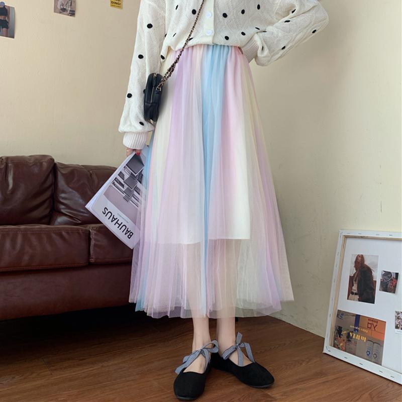Женские сетчатые юбки А-силуэта цвета радуги в стиле Харадзюку-Kawaiifashion