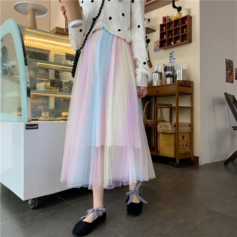 Faldas de malla de corte A con los colores del arcoíris Harajuku para mujer-Kawaiifashion