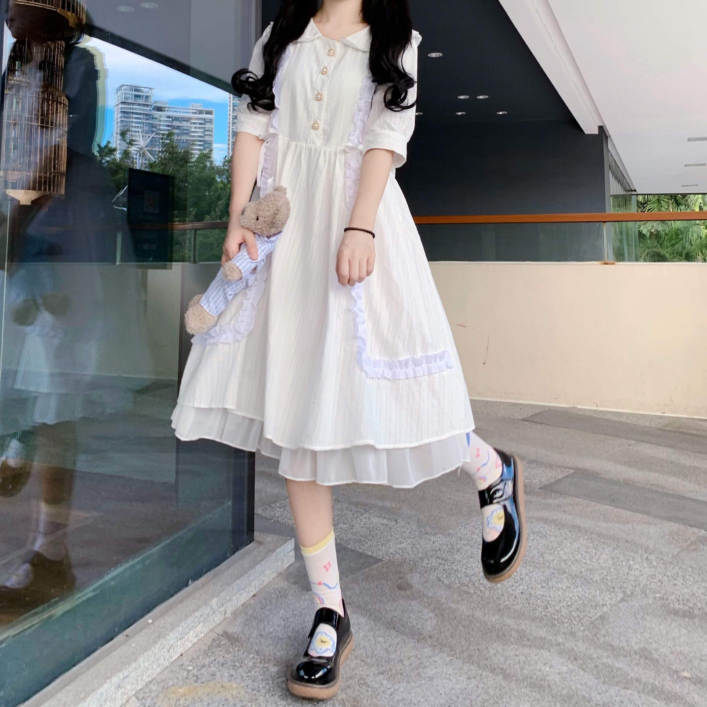 Women's Harajuku Ruffles Spliced Mid-length Dresses-Kawaiifashion