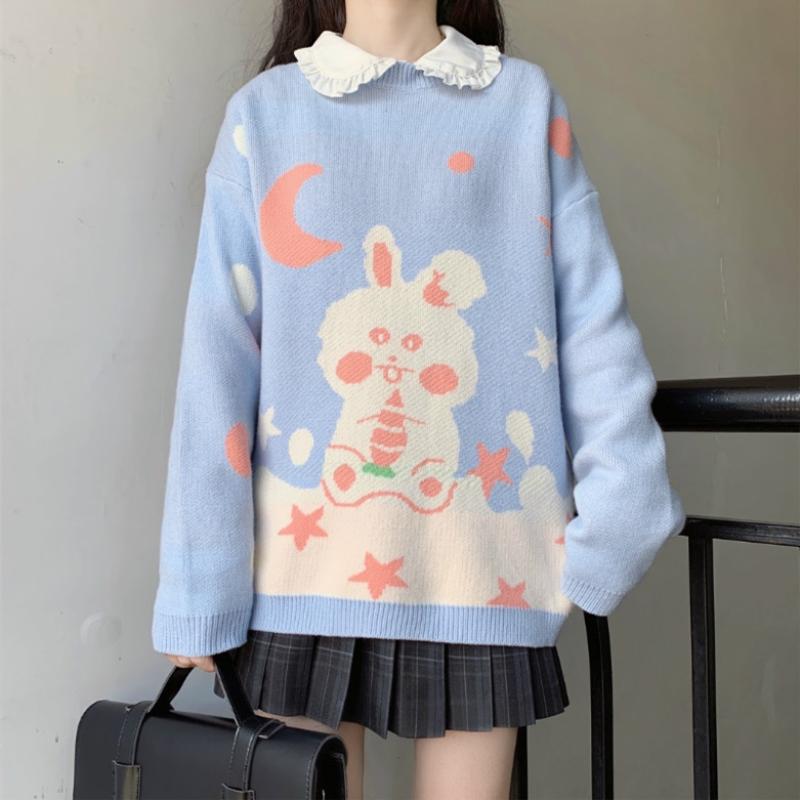 Женские свободные свитера Kawaiifashion одного размера с вышивкой в ​​виде большого кролика и звезд