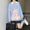 Kawaiifashion One Size Women's Kawaii Big Rabbit And Stars Embroidered  Loose Sweaters