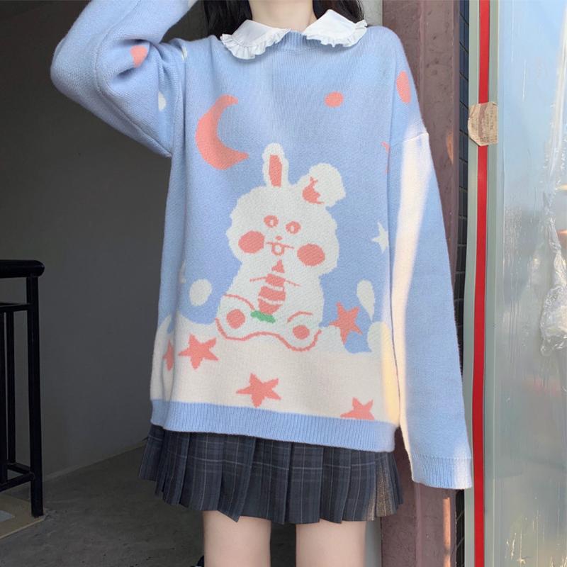 Kawaiifashion One Size Women's Kawaii Big Rabbit And Stars Embroidered  Loose Sweaters