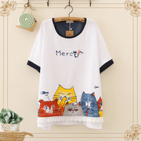 Kawaiifashion Camisetas con dobladillo desordenado con estampado de gatos Kawaii para mujer, talla única