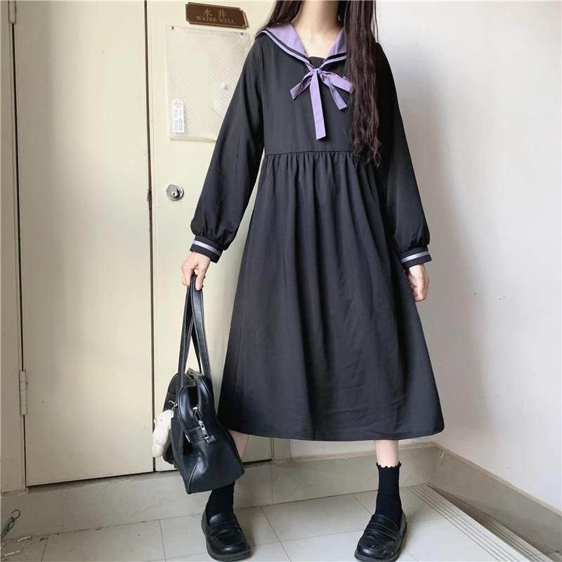 Women's Kawaii Sailor Collar High-waisted Dresses With Bowknot-Kawaiifashion