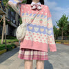 Kawaiifashion One Size Women's Kawaii Strawberry And Heart Striped Embroidered Loose Sweaters