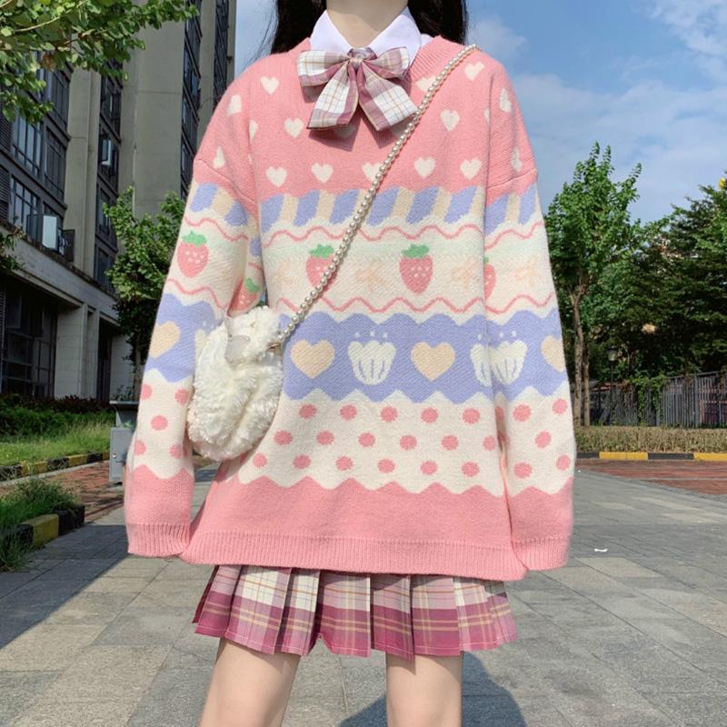 Kawaiifashion Suéteres de rayas florales con corazón de fresa Kawaii de talla única para mujer