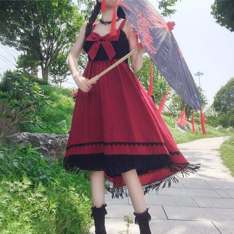 Women's Kawaii Tassel Contrast Color Slip Dresses-Kawaiifashion