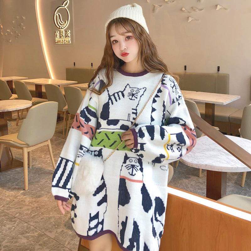 Kawaiifashion One Size Women's Korean Fashion Cats Embroidered Loose Sweaters 
