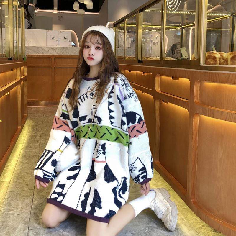 Kawaiifashion une taille femmes mode coréenne chats brodés chandails amples