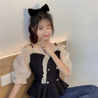 Tops con mangas abullonadas de gasa de moda coreana para mujer-Kawaiifashion