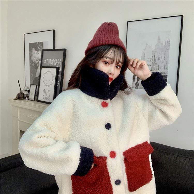 Kawaiifashion Abrigos de lana de solapa grande de color de contraste de moda coreana de talla única para mujer