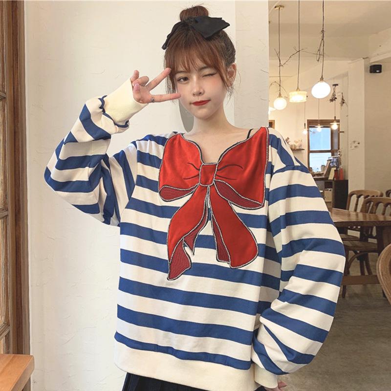 Kawaiifashion suéteres de rayas de color de contraste de moda coreana de talla única para mujer con lazo grande