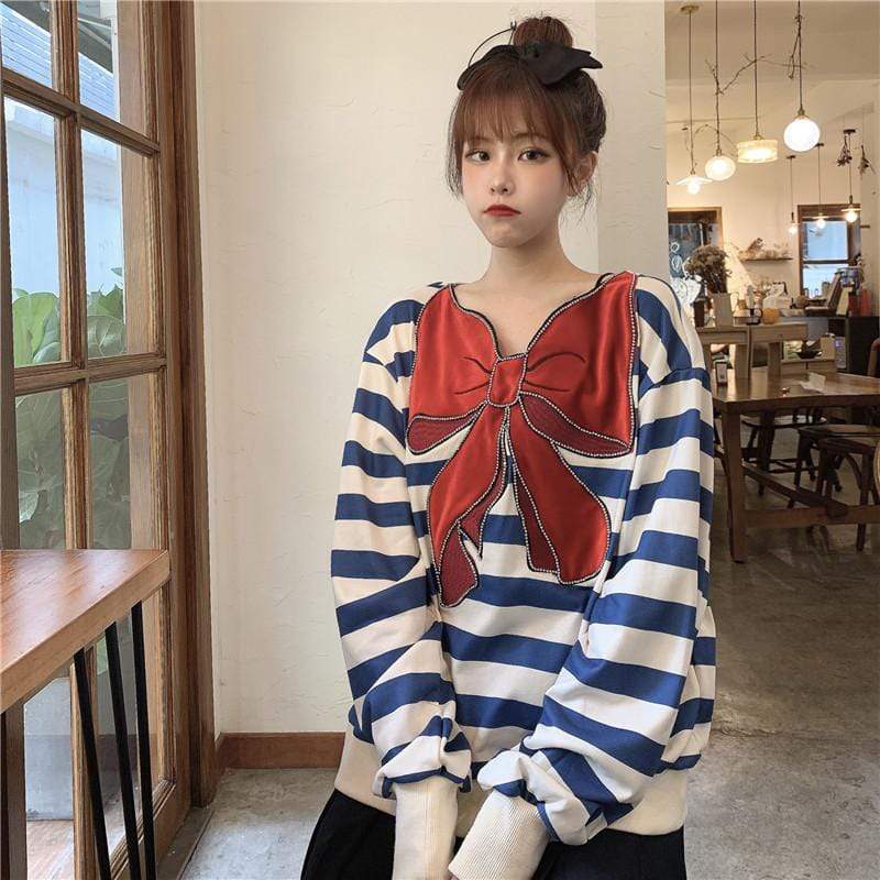 Kawaiifashion женские корейские модные свитера в контрастную полоску одного размера с большим бантом