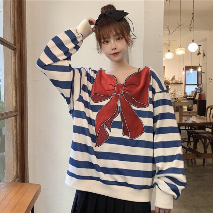 Kawaiifashion One Size Women's Korean Fashion Contrast Color Stripe Sweaters With Large Bowknot
