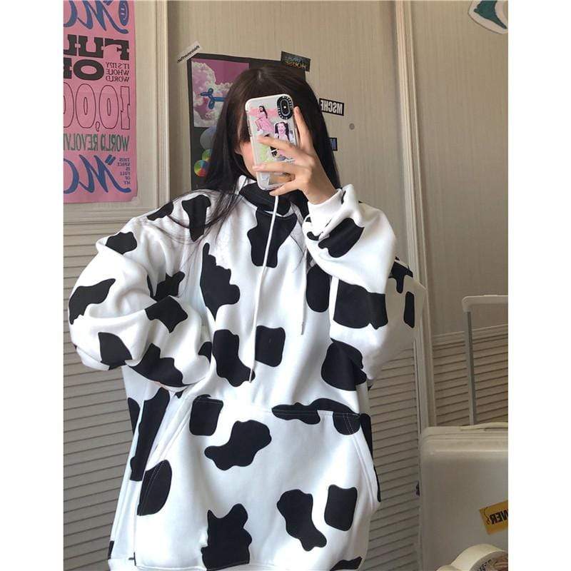 Kawaiifashion One Size Women's Korean Fashion Dairy Cow Contrast Color  Hoodies