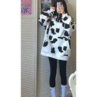 Kawaiifashion sudaderas con capucha de color de contraste de vaca lechera de moda coreana de talla única para mujer