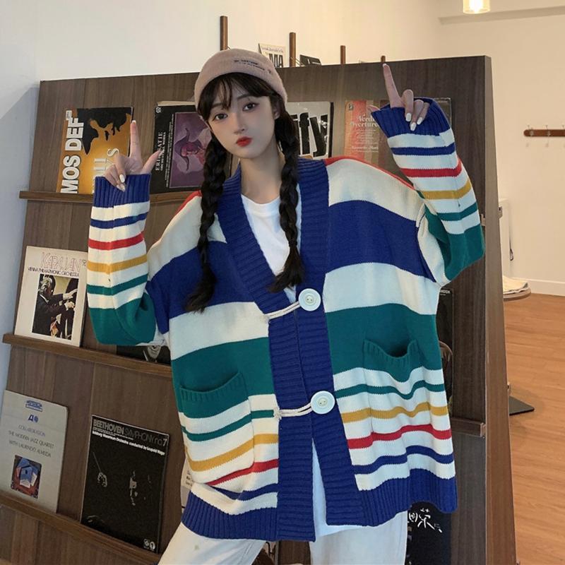 Kawaiifashion One Size Women's Korean Fashion Single-breasted Striped Cardigans