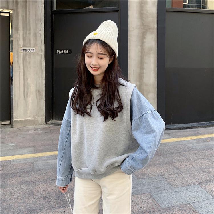 Kawaiifashion Suéteres de moda coreana de talla única para mujer, chaquetas de mezclilla con empalme