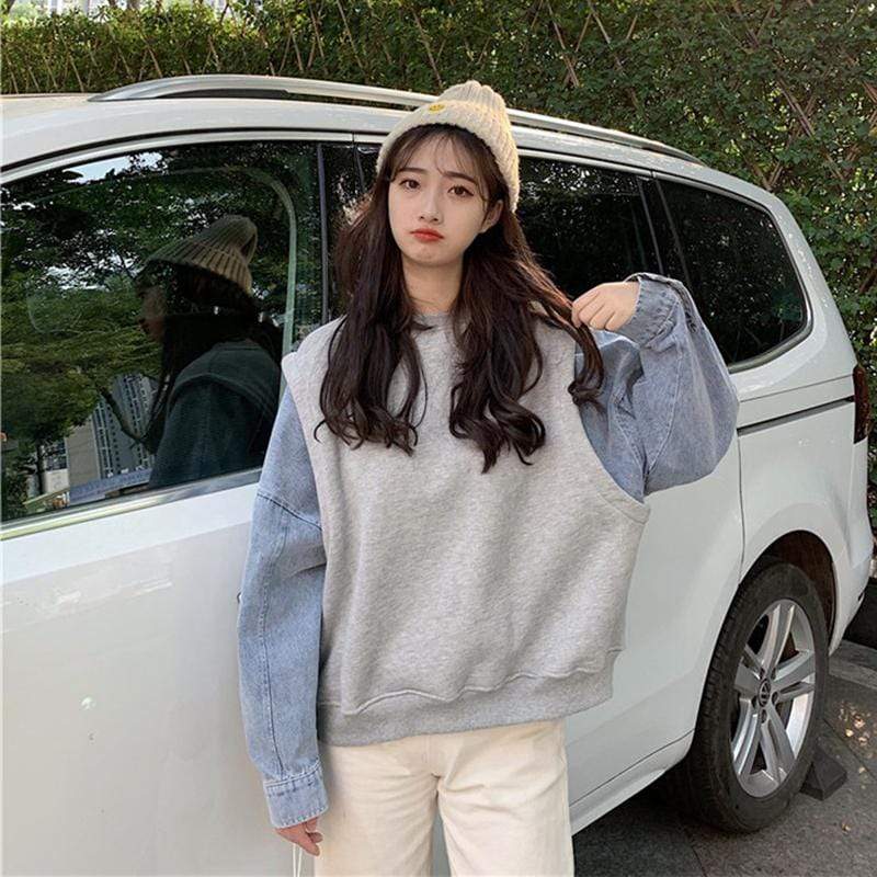 Women's Korean Fashion Sweaters Splicing Denim Jackets – Kawaiifashion