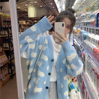 Kawaiifashion Cardigans bordados de oveja con cuello en V de moda coreana para mujer, talla única
