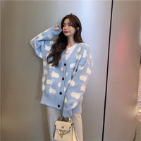 Kawaiifashion Cardigans bordados de oveja con cuello en V de moda coreana para mujer, talla única